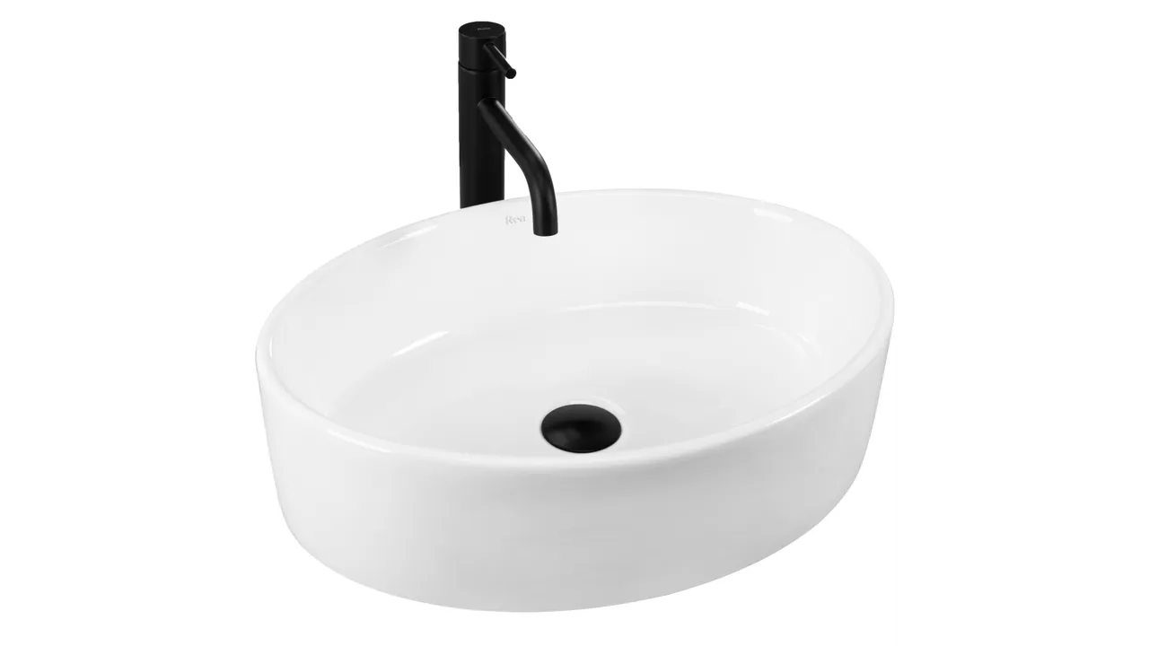 Chiuvetă de blat Fonda 50 cm din ceramică sanitară, alb lucios, design oval modern, fără orificiu pentru baterie și fără preaplin.