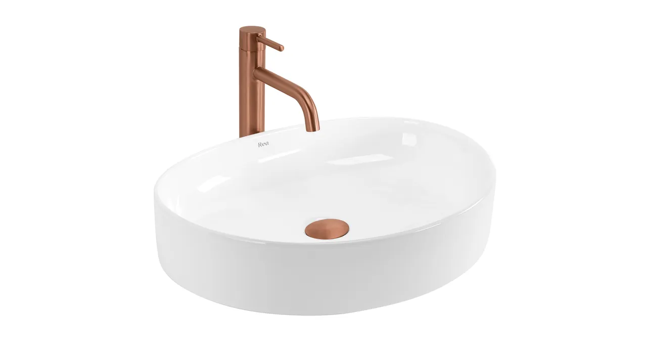 Chiuvetă de blat Joana 50 cm din ceramică sanitară, alb lucios, design oval modern, fără orificiu pentru baterie și fără preaplin.