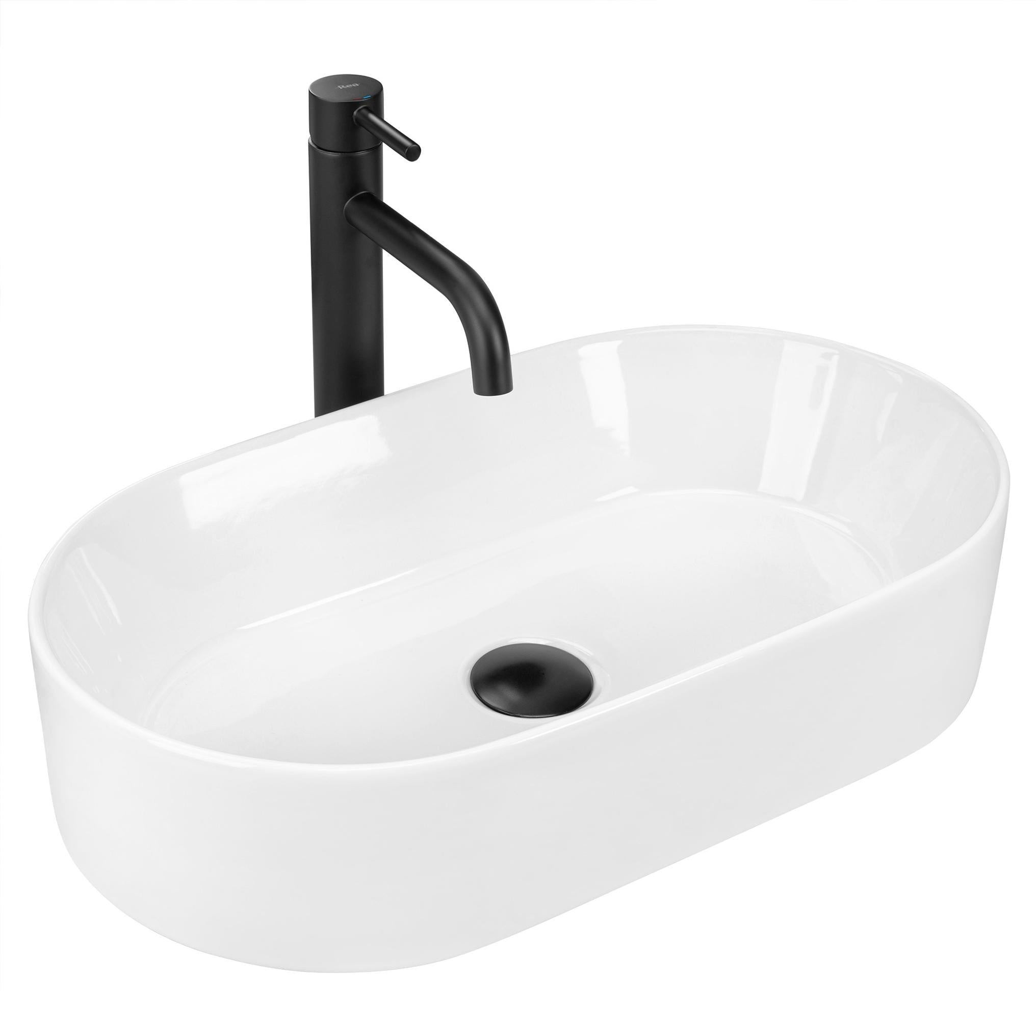 Chiuvetă de blat Layla 50 cm din ceramică sanitară alb lucios, formă ovală elegantă cu margini subțiri și design compact.