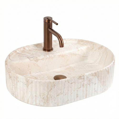 Chiuvetă de blat Marcela 50 cm Saturn din ceramică sanitară, finisaj mat tip marmură, suprafață exterioară striată și design elegant.