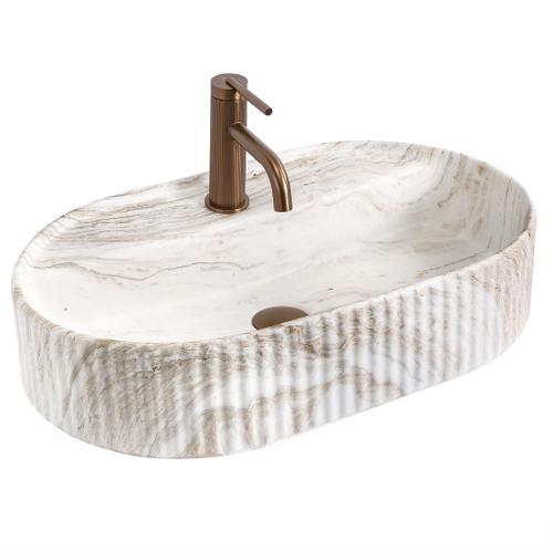 Chiuvetă de blat Marcela 60 cm Kallisto din ceramică sanitară, finisaj marmură închisă cu vene decorative, margini Slim Edge elegante.