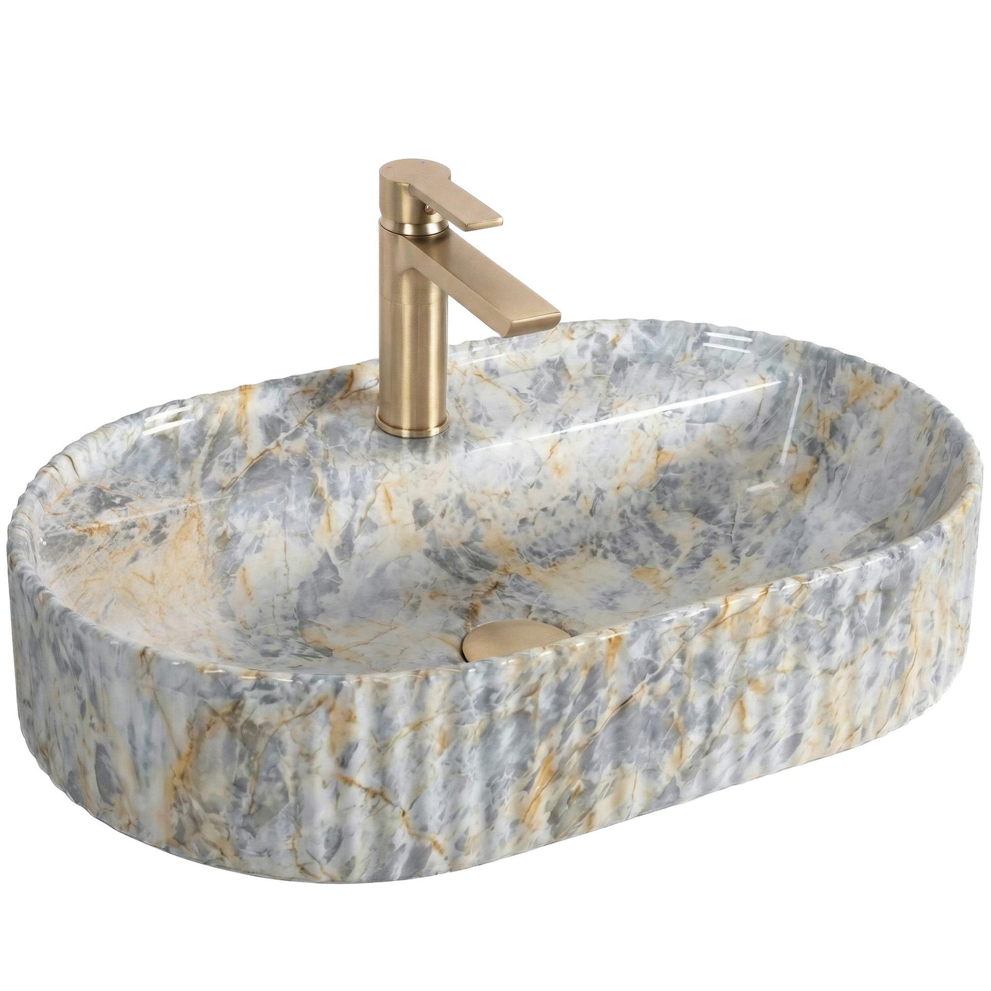 Chiuvetă de blat Marcela 60 cm Ruststone din ceramică sanitară, finisaj lucios cu efect de piatră și suprafață exterioară striată.