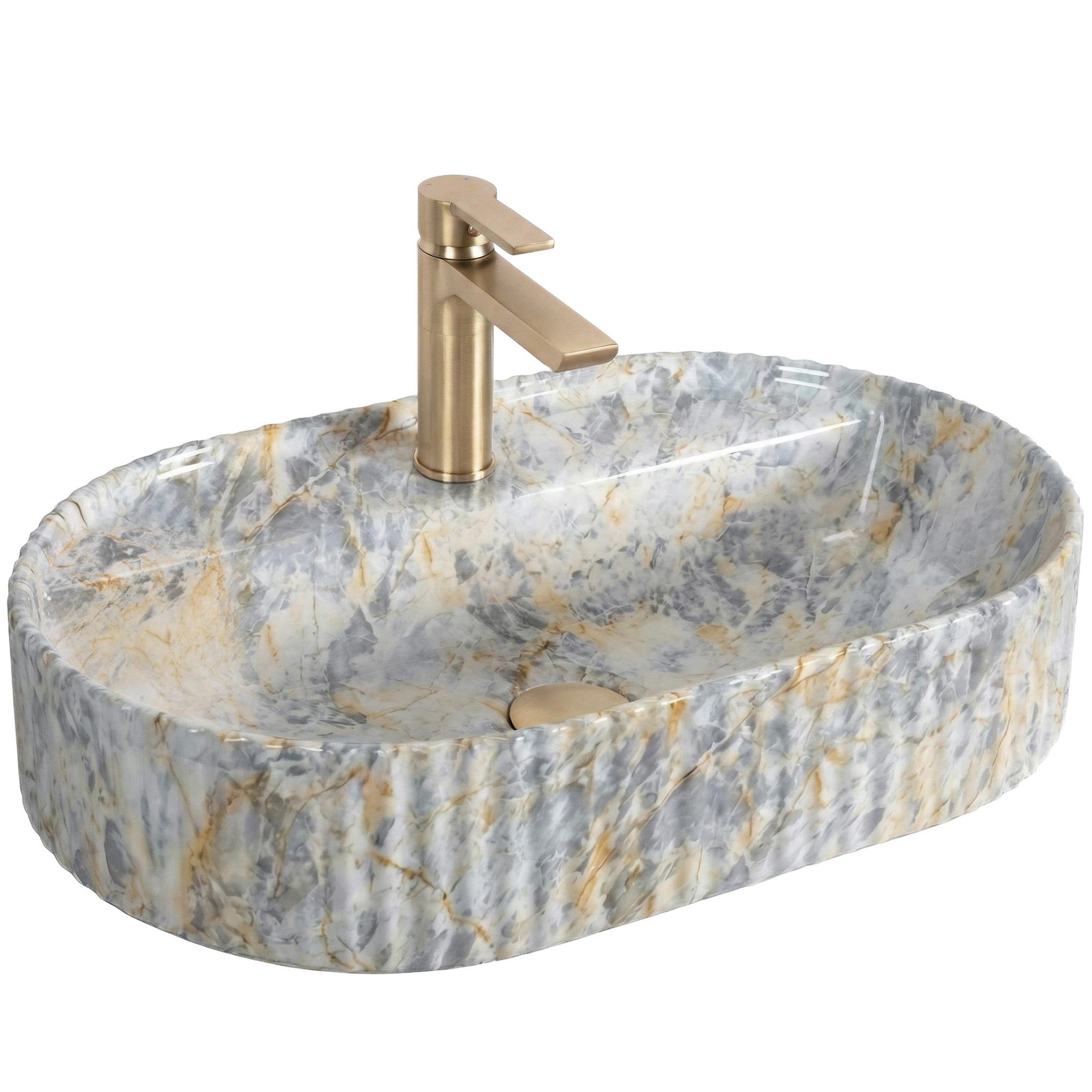 Chiuvetă de blat Marcela 60 cm Ruststone din ceramică sanitară, finisaj lucios cu efect de piatră și suprafață exterioară striată.