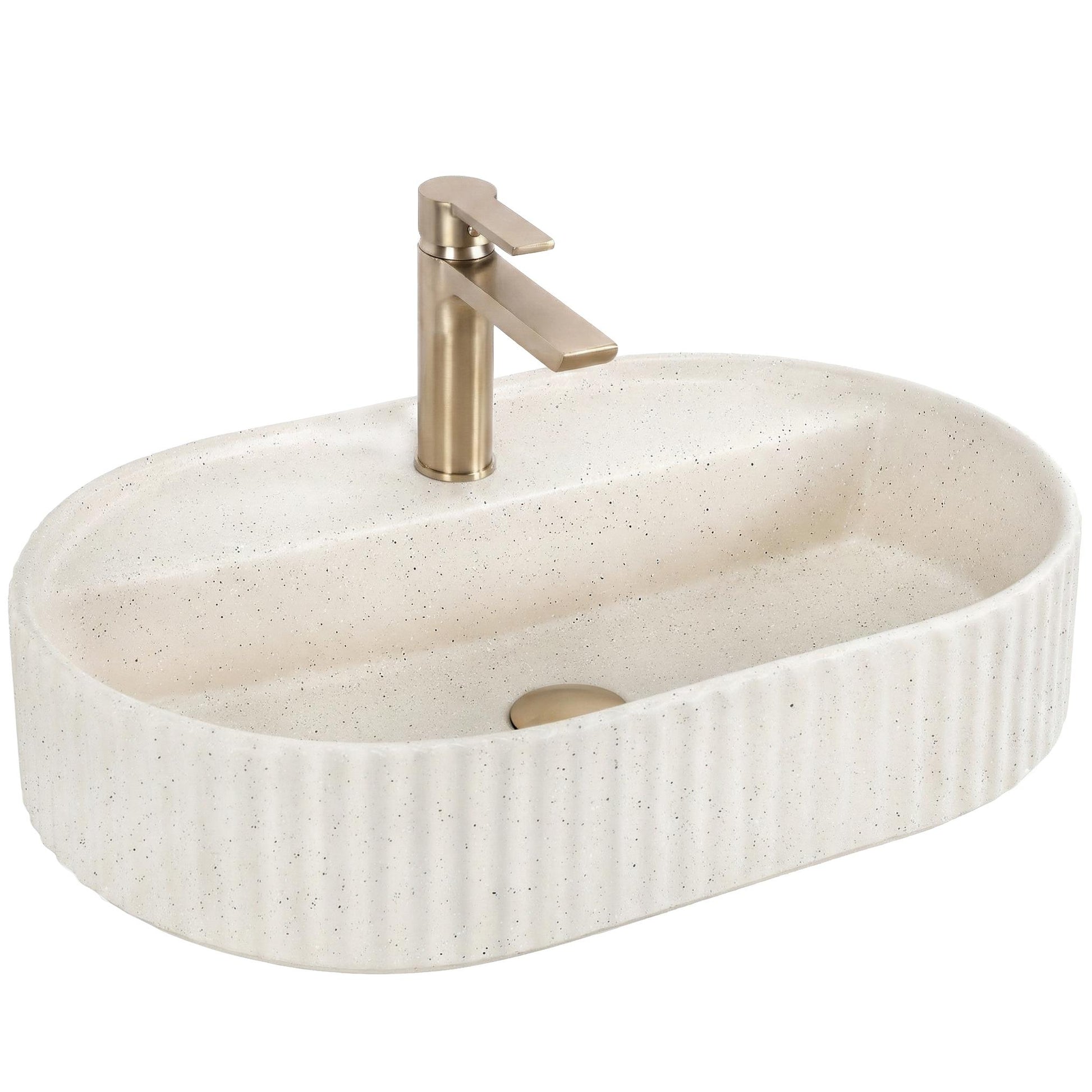 Chiuvetă de blat Marcela 60 cm Vanilla din ceramică sanitară, finisaj bej tip piatră naturală, margini Slim Edge și cuvă spațioasă.