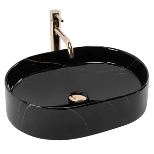 Chiuvetă de blat Nadia 50 cm Black Stone din ceramică sanitară, finisaj lucios cu efect de marmură neagră, formă ovală modernă.