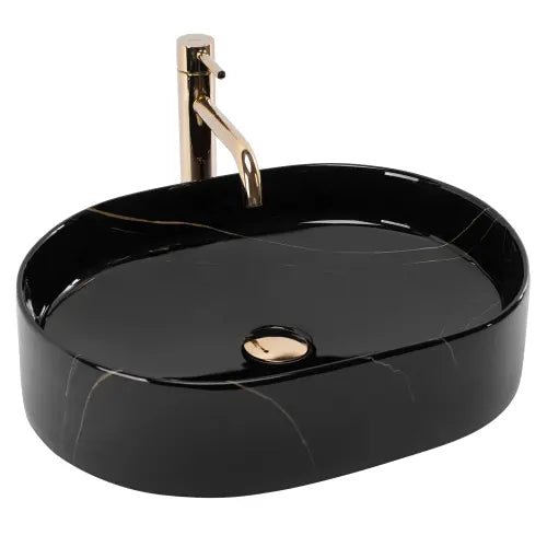 Chiuvetă de blat Nadia 50 cm Black Stone din ceramică sanitară, finisaj lucios cu efect de marmură neagră, formă ovală modernă.