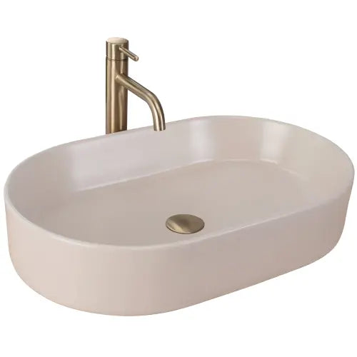 Chiuvetă de blat Nadia 60 cm Beige din ceramică sanitară, finisaj mat bej, formă ovală elegantă, fără orificiu pentru baterie.