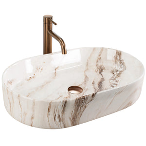 Chiuvetă de blat Nadia 60 cm Marrone din ceramică sanitară, finisaj lucios cu efect de piatră naturală, formă ovală elegantă.