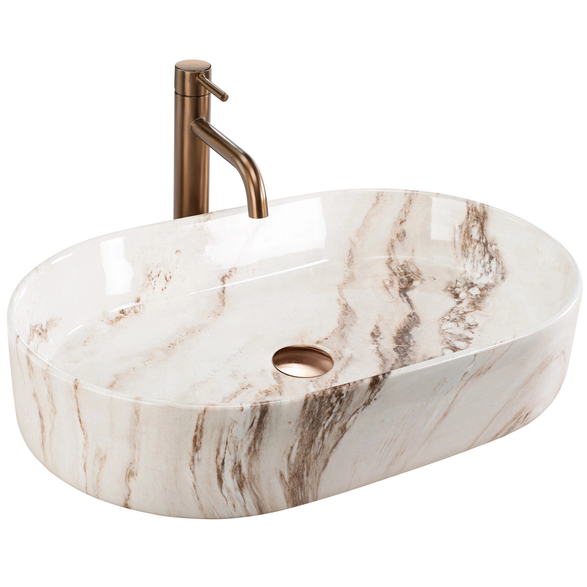 Chiuvetă de blat Nadia 60 cm Marrone din ceramică sanitară, finisaj lucios cu efect de piatră naturală, formă ovală elegantă.