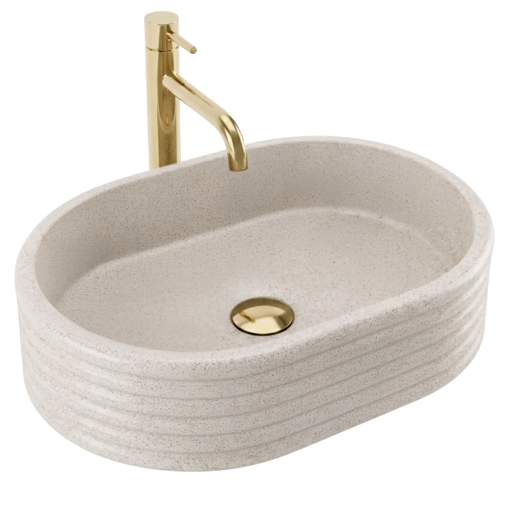Chiuvetă de blat Nicoletta 50 cm Beige din Artificial Stone, finisaj mat cu aspect de piatră naturală și suprafață exterioară striată.