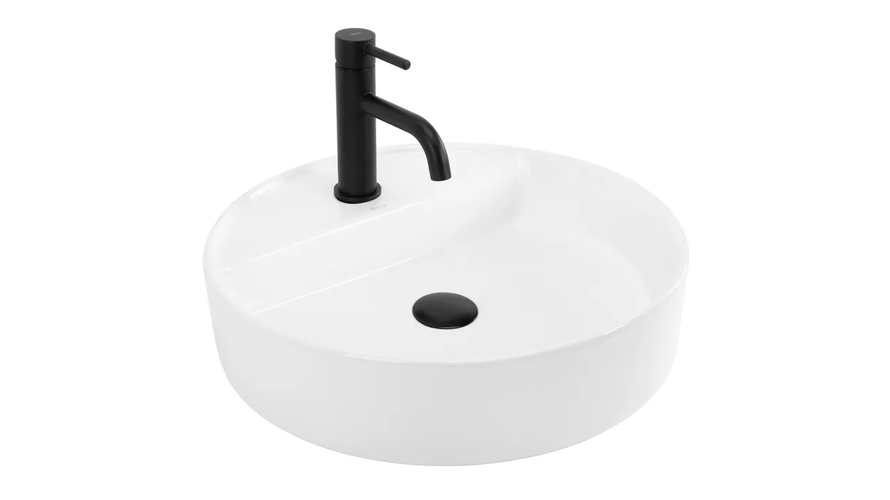 Chiuvetă de blat Ronda 45 cm din ceramică sanitară alb lucios, formă rotundă compactă, cu orificiu pentru baterie și design modern.