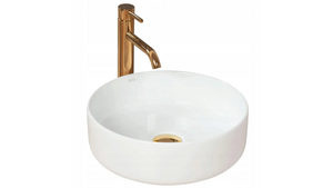 Chiuvetă de blat Sami 36 cm din ceramică sanitară alb lucios, formă rotundă compactă, fără orificiu pentru baterie, ideală pentru băi mici.