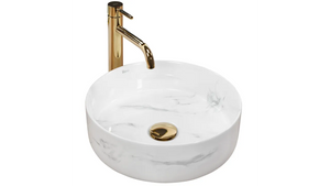Chiuvetă de blat Sami 36 cm din ceramică sanitară, finisaj marmură albă, formă rotundă compactă, fără orificiu pentru baterie.