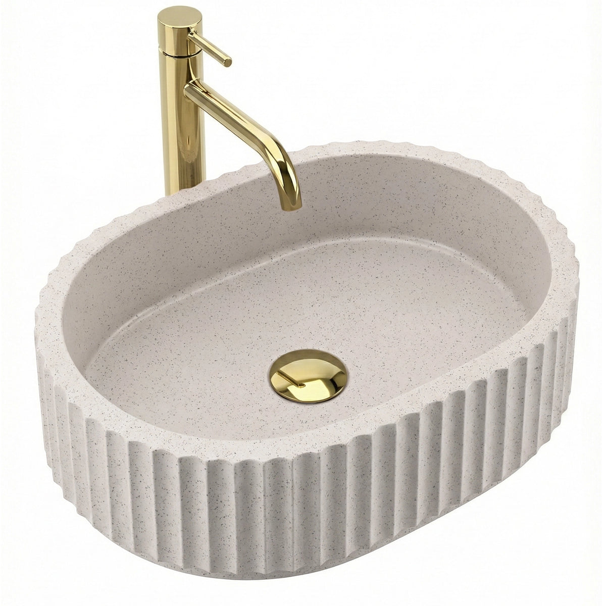 Chiuvetă de blat Margaret 50 cm din Artificial Stone, culoare bej, finisaj mat cu suprafață striată decorativă și formă ovală elegantă.