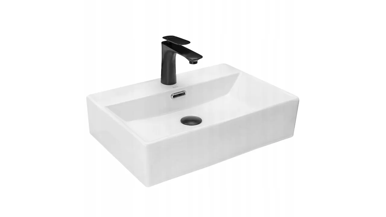 Chiuvetă Bonita 50 cm din ceramică sanitară alb lucios, montaj pe blat sau perete, formă dreptunghiulară modernă cu orificiu pentru baterie.