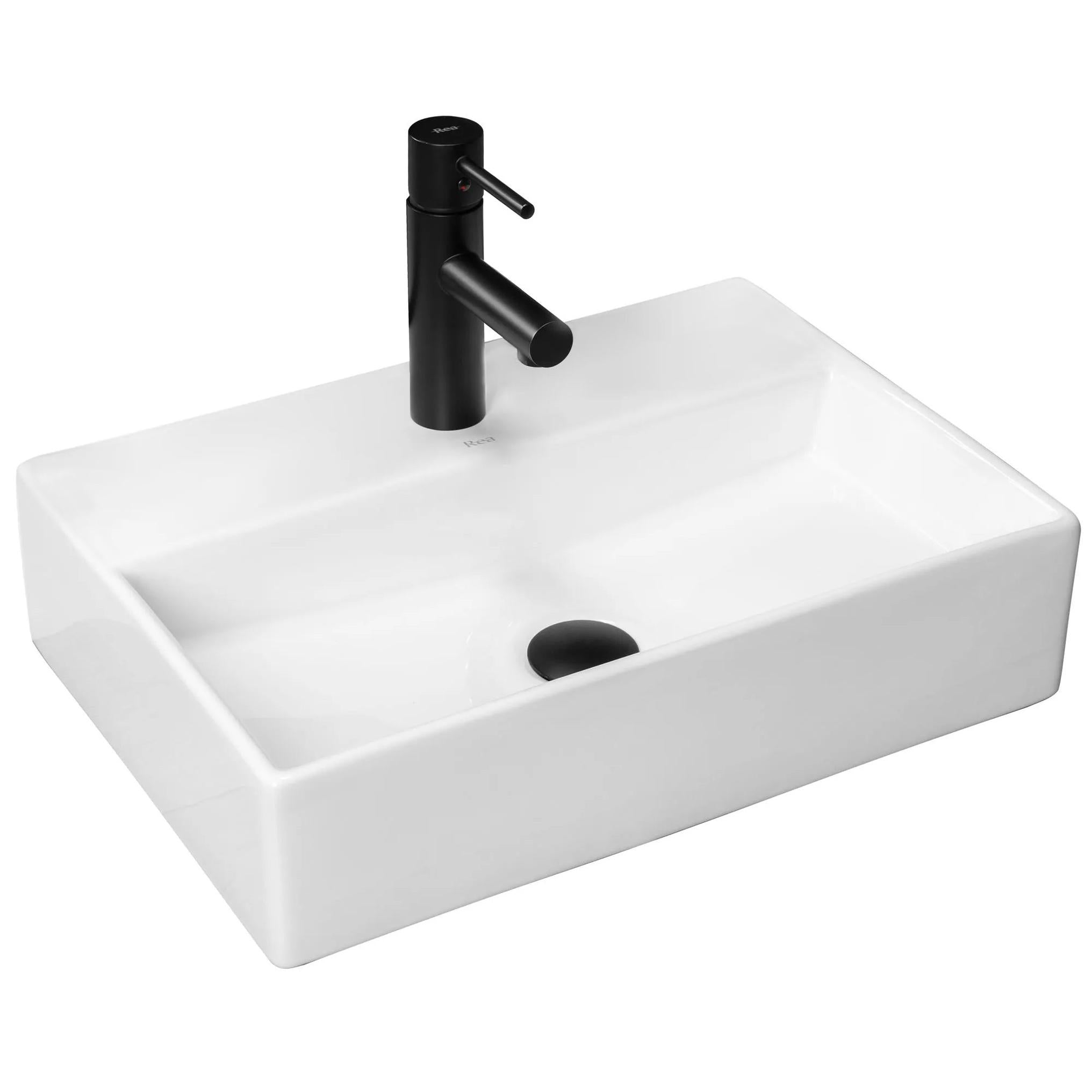 Chiuvetă Valeria N 53 cm din ceramică sanitară alb lucios, montaj pe blat sau perete, design geometric cu orificiu pentru baterie.