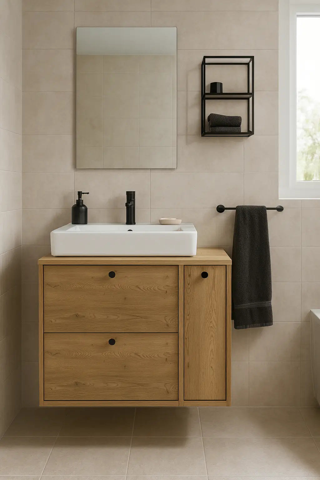 Dulap pentru lavoar 80 cm cu raft, fronturi netede Belino - Stejar Cremona