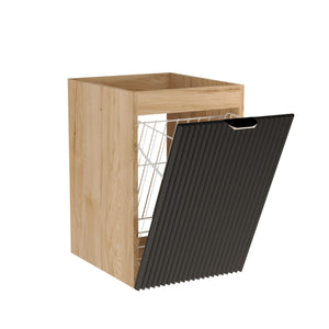 Dulap de baie Willy 40 cm negru/nuc cu coș de rufe integrat, front striat și corp decor lemn.