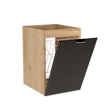 Dulap de baie Willy 40 cm negru/nuc cu coș de rufe integrat, front striat și corp decor lemn.
