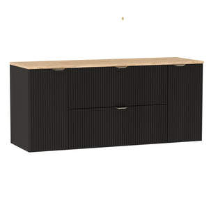 Dulap lavoar Willy 140 cm Negru cu blat din Nuc, fronturi riflate și mânere aurii – design modern, luxos și spațiu mare de depozitare.