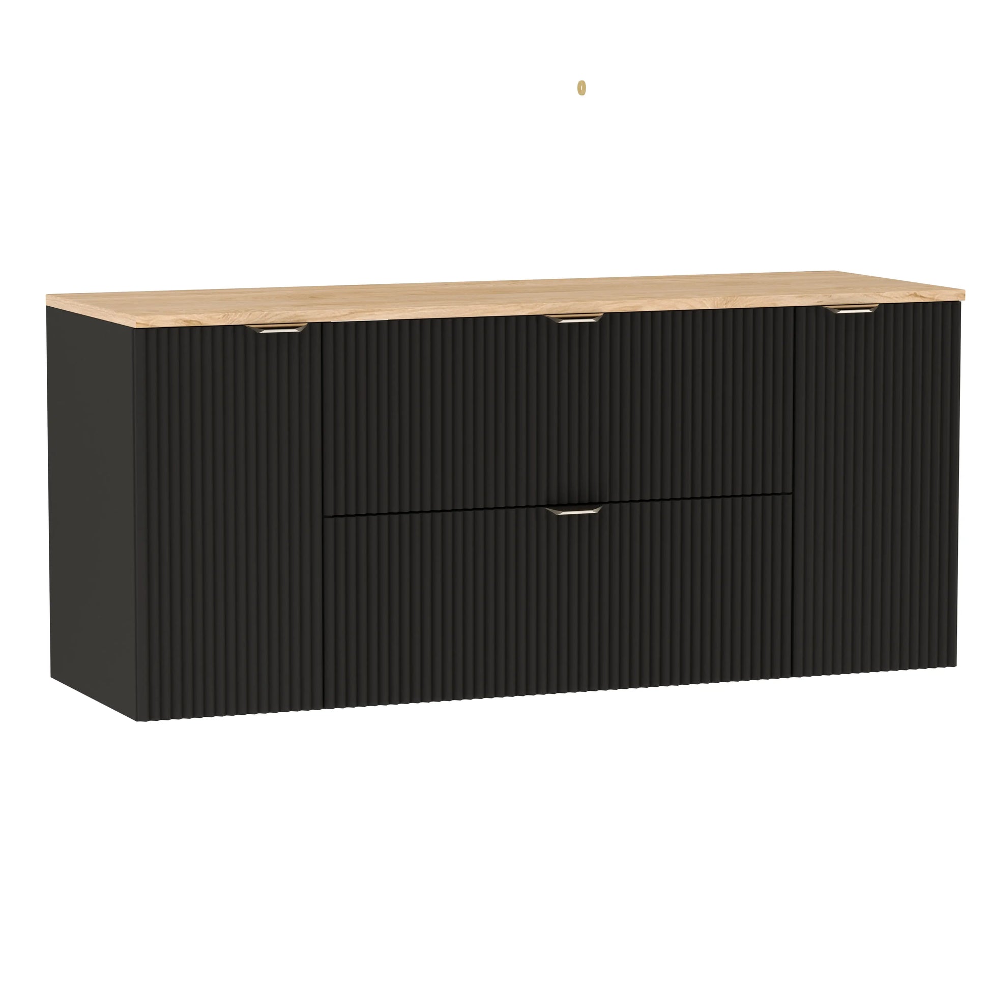 Dulap lavoar Willy 140 cm Negru cu blat din Nuc, fronturi riflate și mânere aurii – design modern, luxos și spațiu mare de depozitare.