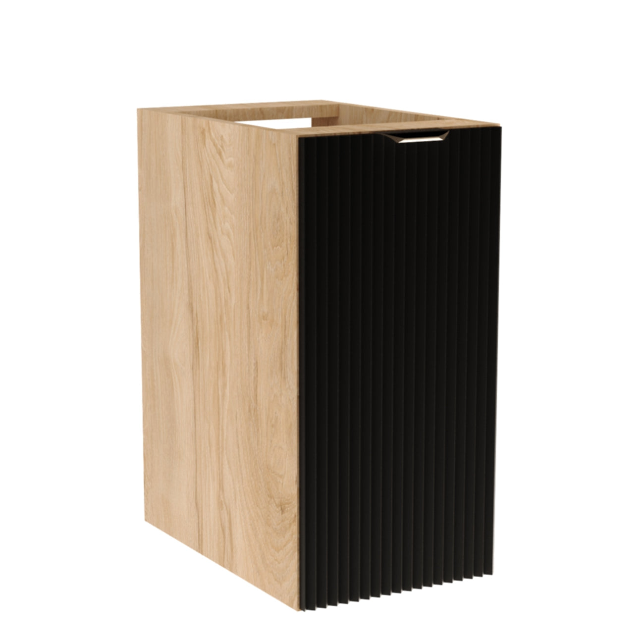Dulap baie Willy 30 cm Negru/Nuc, 1 ușă canelată și poliță, design compact și modern, fără blat, ideal pentru băi mici.