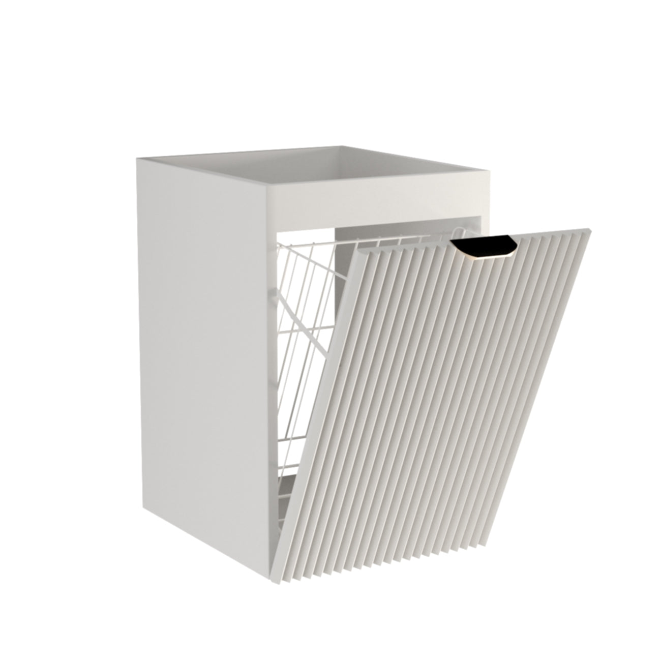 Dulap baie Willy 40 cm Alb cu coș de rufe integrat, design canelat minimalist și funcțional, fără blat, ideal pentru băi luminoase și ordonate.