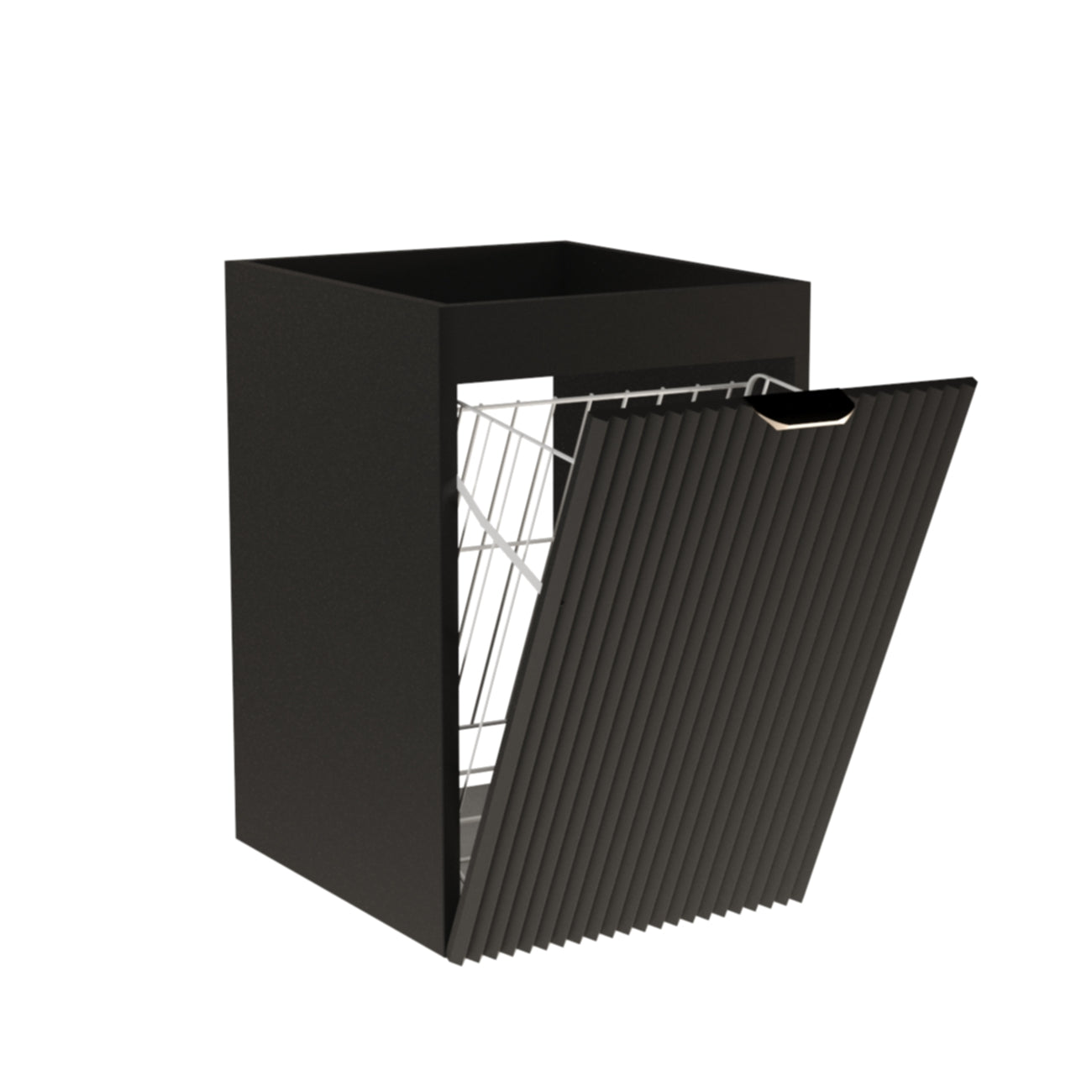 Dulap baie Willy 40 cm Negru cu coș de rufe integrat, design canelat modern și construcție compactă, fără blat, ideal pentru băi mici și elegante.