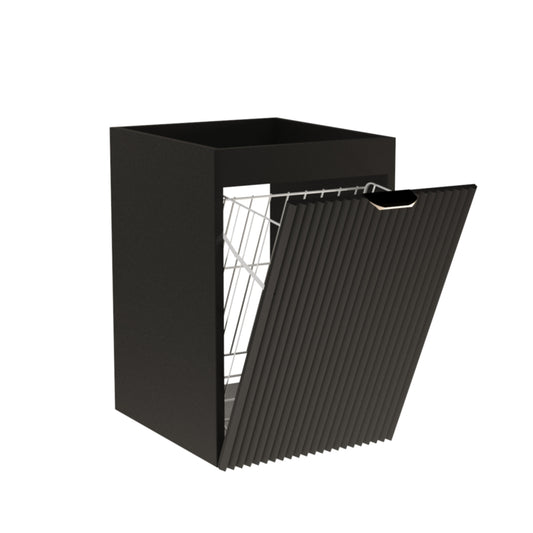Dulap baie Willy 40 cm Negru cu coș de rufe integrat, design canelat modern și construcție compactă, fără blat, ideal pentru băi mici și elegante.