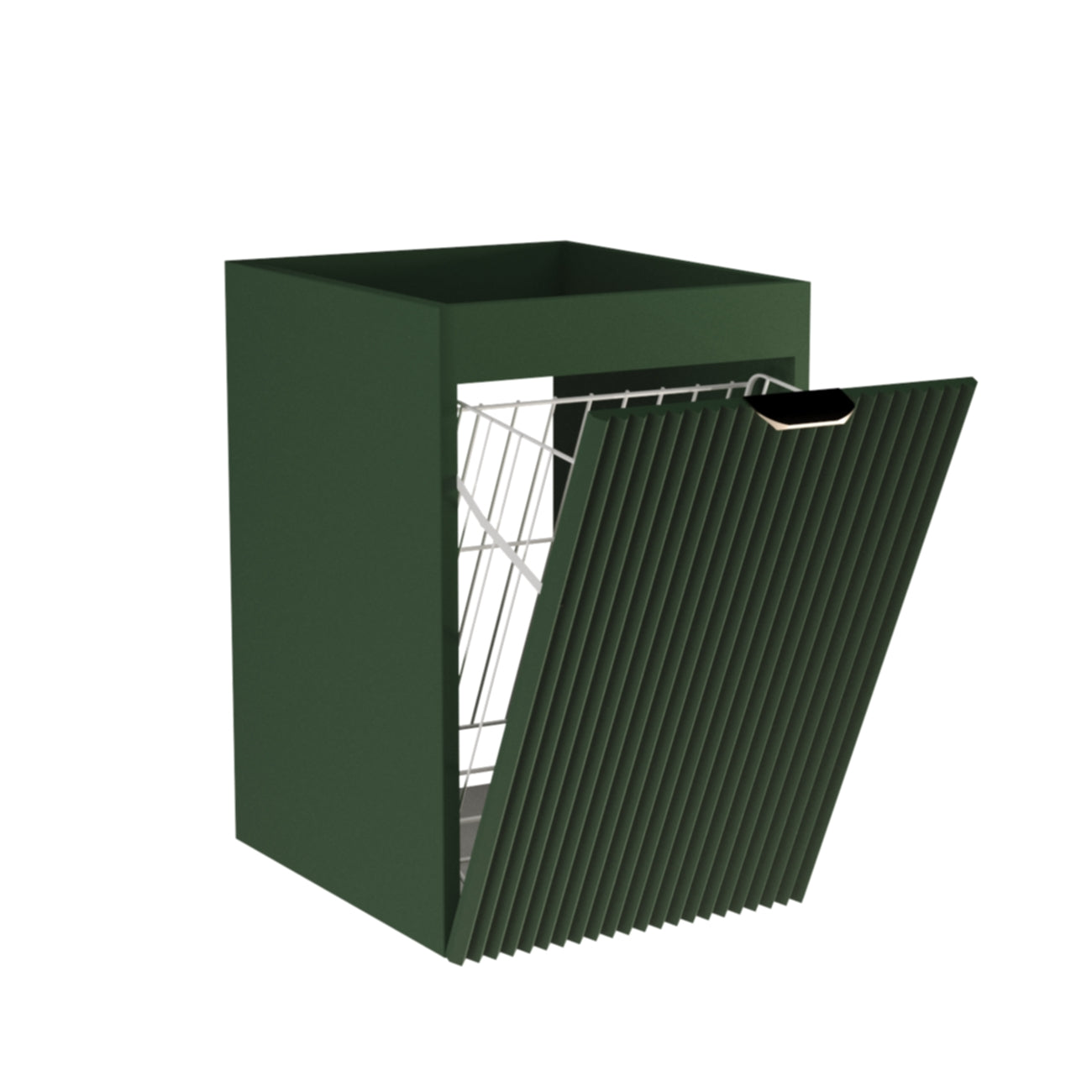 Dulap baie Willy 40 cm Verde cu coș de rufe integrat, front canelat și design modern, fără blat, ideal pentru băi mici și ordonate.