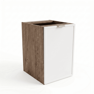Dulap de baie Roma 40 cm cu coș de rufe, Alb/Nuc închis, design modern cu fronturi cu ramă decorativă și soluție practică de depozitare.