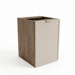 Dulap de baie Roma 40 cm cu coș de rufe, Cașmir/Nuc închis, fronturi cu ramă decorativă și design compact pentru baie modernă.
