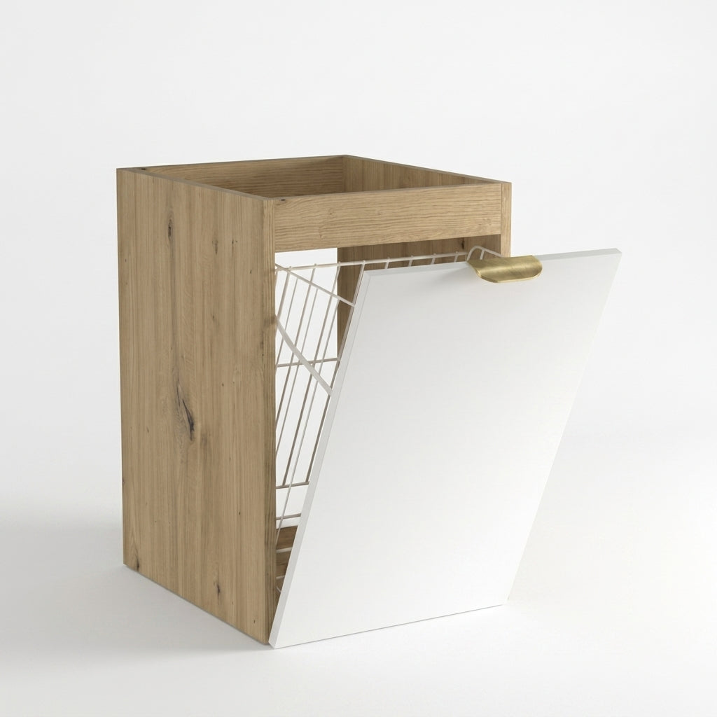 Dulap de baie Orio 40 cm Alb/Stejar Artizanal cu coș de rufe integrat, design compact și modern pentru băi luminoase și organizate.