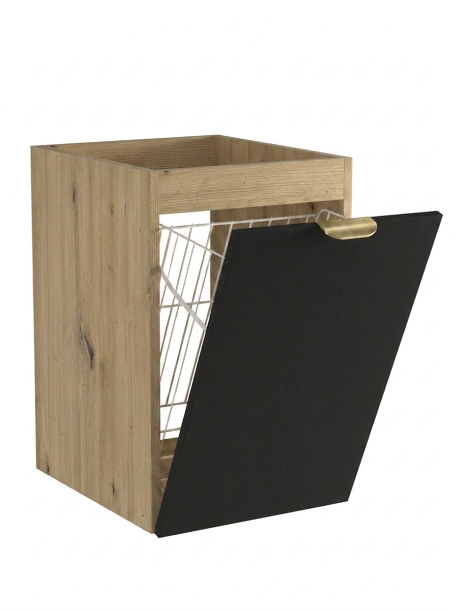 Dulap de baie Orio 40 cm Negru/Stejar Artizanal cu coș de rufe integrat, design compact și modern pentru băi elegante.
