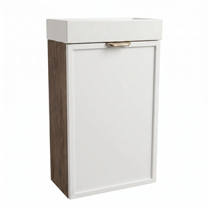 Dulap de baie Roma 40 cm Alb / Nuc închis cu chiuvetă inclusă și fronturi MDF cu ramă decorativă, design compact modern cu contrast elegant.