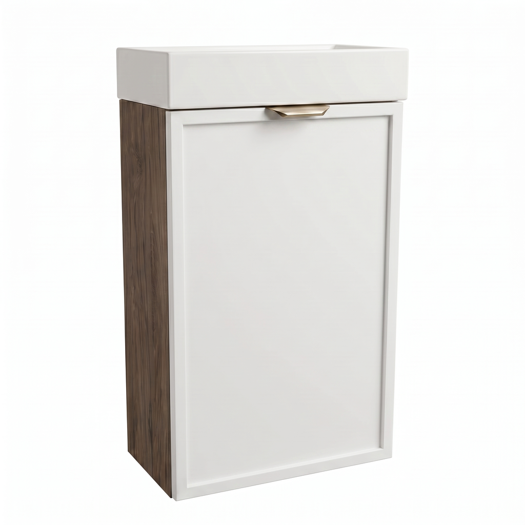 Dulap de baie Roma 40 cm Alb / Nuc închis cu chiuvetă inclusă și fronturi MDF cu ramă decorativă, design compact modern cu contrast elegant.