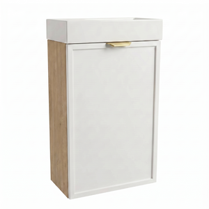 Dulap de baie Roma 40 cm Alb / Stejar Cremona cu chiuvetă inclusă și fronturi MDF cu ramă decorativă, design compact modern și natural.