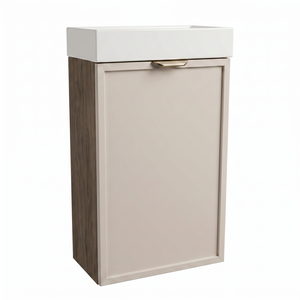 Dulap de baie Roma 40 cm cu chiuvetă, finisaj Cașmir și Nuc închis, fronturi cu ramă decorativă, mobilier compact pentru baie modernă