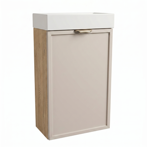 Dulap de baie Roma 40 cm cu chiuvetă, finisaj Cașmir și Stejar Cremona, fronturi cu ramă decorativă, mobilier compact pentru baie modernă