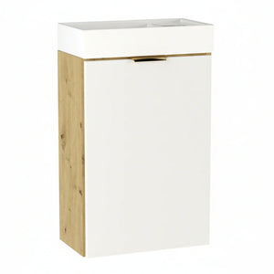 Dulap de baie Orio 40 cm Alb/Stejar Artizanal cu chiuvetă ceramică, ușă frontală și design compact, ideal pentru băi mici.