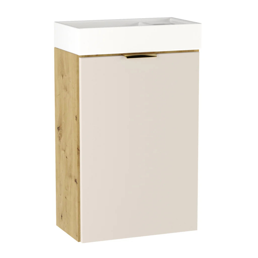 Dulap pentru lavoar Orio 40 cm Casmir/Stejar Artisan cu chiuvetă ceramică și 1 ușă, design compact modern