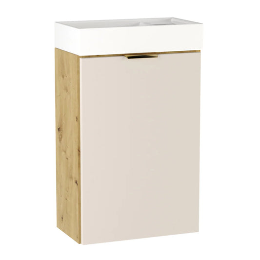 Dulap pentru lavoar Orio 40 cm Casmir/Stejar Artisan cu chiuvetă ceramică și 1 ușă, design compact modern