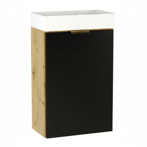 Dulap de baie Orio 40 cm Negru/Stejar Artizanal cu chiuvetă ceramică, ușă frontală și design compact pentru băi mici.