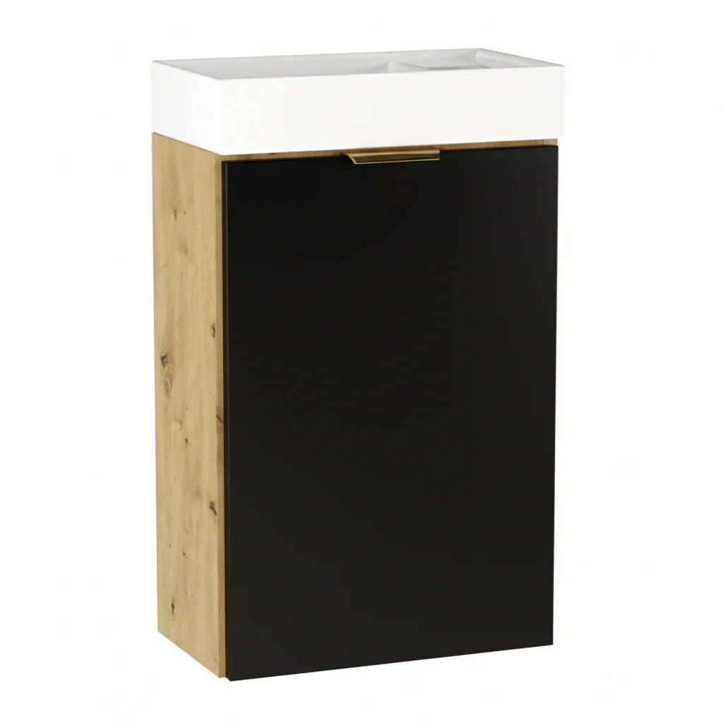 Dulap de baie Orio 40 cm Negru/Stejar Artizanal cu chiuvetă ceramică, ușă frontală și design compact pentru băi mici.