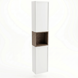 Dulap de baie înalt Roma 150 cm Alb/Nuc închis, 2 uși, etajeră deschisă, mobilier baie modern cu design elegant și fronturi cu ramă decorativă