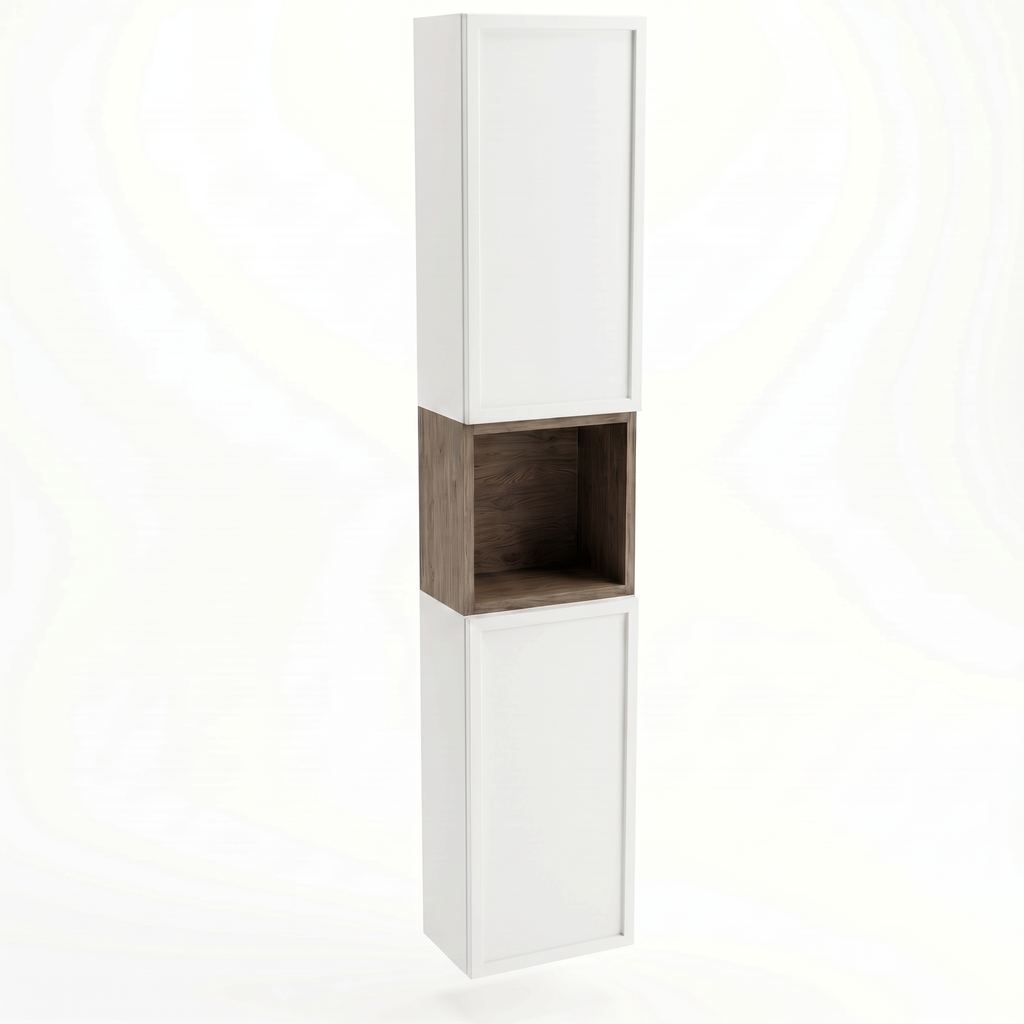 Dulap de baie înalt Roma 150 cm Alb/Nuc închis, 2 uși, etajeră deschisă, mobilier baie modern cu design elegant și fronturi cu ramă decorativă