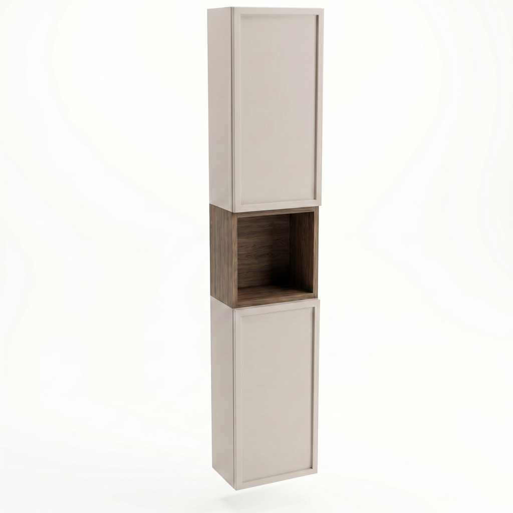 Dulap de baie înalt Roma 150 cm Cașmir/Nuc închis, 2 uși, etajeră deschisă, mobilier baie modern cu design elegant și fronturi cu ramă decorativă