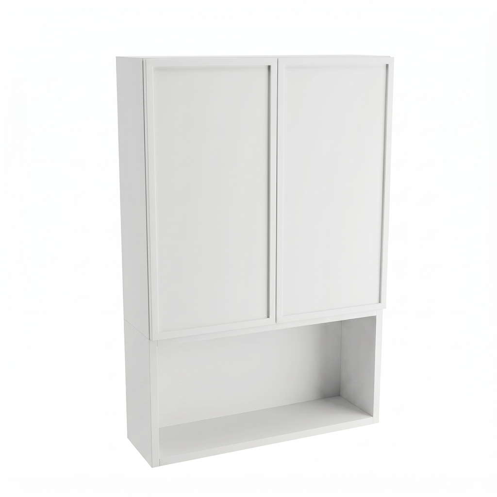 Dulap de perete deasupra toaletei Roma 60 cm Alb, mobilier baie suspendat cu 2 uși și raft deschis, design modern compact