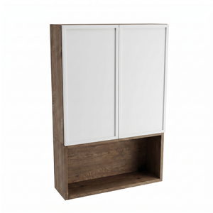 Dulap de perete deasupra toaletei Roma 60 cm Alb/Nuc închis, mobilier baie suspendat cu 2 uși și raft deschis, design modern contrast