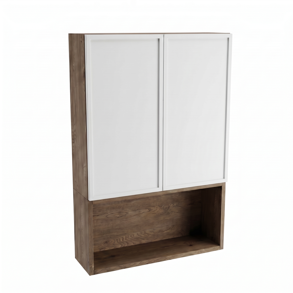 Dulap de perete deasupra toaletei Roma 60 cm Alb/Nuc închis, mobilier baie suspendat cu 2 uși și raft deschis, design modern contrast